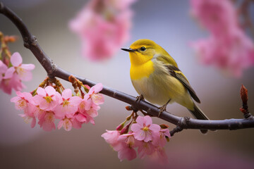 A vibrant bird perches amidst spring blossoms, a scene of serene natural beauty, AI Generative.