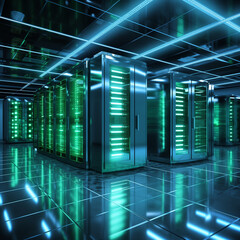 Server room in datacenter with data servers. Green LED lights flashing.