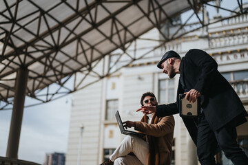 One man seated with a laptop, gesturing while discussing with a standing man holding a digital tablet under an architectural canopy.