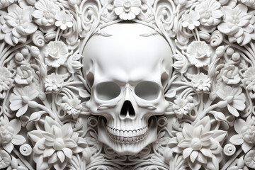 Seamless 3D clay gothic skull surrounded by flowers, rendered by AI Generative.