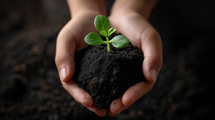 hands holding dirt with plant sprouting out, Earth Day, agriculture, nature, horticulture illustration background.