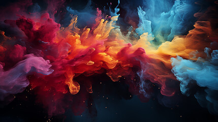 Abstract background with acrylic blue and red hues diffusing in water, resembling ink blot explosion patterns. and colorful dust particles splash 