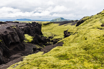 Fototapeta na wymiar Jagged Volcanic Cliffs In Mossy Landscape