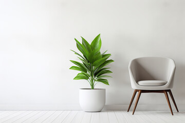 Minimalist elegance defines this white room with a lush green plant and modern chair, rendered in AI Generative style.