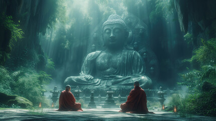 Fototapeta na wymiar Buddhist monks engaging near serene Buddha statue. Harmony and Serenity Concept. Generative AI.