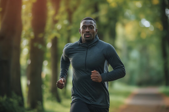 dark skin African American man in a track suit jogging outdoors for exercise, fitness, health and wellness. Advertising, marketing, stock photo. mental and heart health awareness