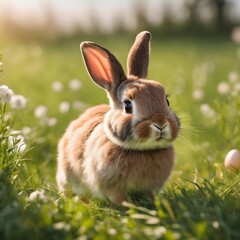 Fototapeta premium Easter bunny runs through a green meadow. Adorable rabbit on a meadow warming lighting. Cute rabbit in the grass field on a spring day 