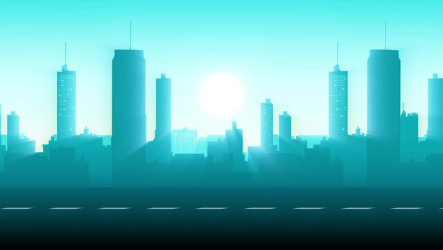 Motion graphics of a cityscape, buildings silhouette