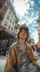 Obraz premium 1990s urban photo of grunge teenagers fashion, captured through fisheye lens. In a city with retro film filter.