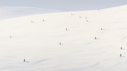 Obraz premium minimalist white snow on side of mountain, textured plaster abstract painting with tiny ski people scattered about