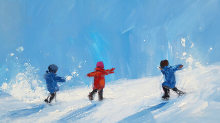 Impressionist Acrylic Painting of kids playing in the snow wearing colorful playful clothes. Children running, throwing snow, holding hands, and having fun in the snow.