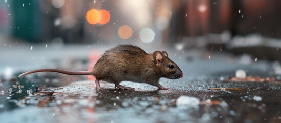 A mouse, a terrestrial rodent from the Muroidea family, is seen bravely maneuvering on a rain-soaked sidewalk in the midst of nature's water.