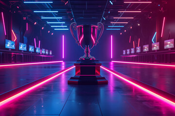 The esports winner trophy stands proudly on the stage in the heart of the computer video game championship arena. Two rows of PCs are set up for competing teams, surrounded by stylish neon lights  - obrazy, fototapety, plakaty