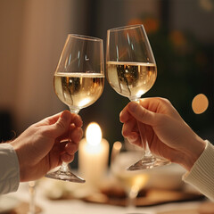 Obraz premium Happy couple having romantic cozy dinner at home or cafe, close-up shot of hands with wineglasses cheering with glasses of white wine celebrating anniversary or engagement, minimalistic ai technology
