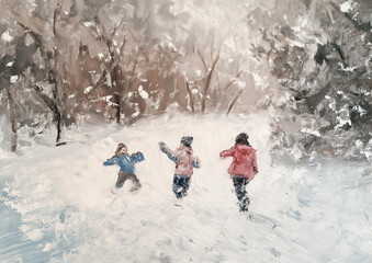 Fototapeta na wymiar Impressionist Acrylic Painting of kids playing in the snow wearing colorful playful clothes. Children running, throwing snow, holding hands, and having fun in the snow.
