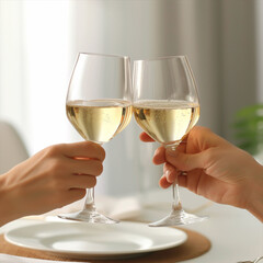 Happy couple having romantic cozy dinner at home or cafe, close-up shot of hands with wineglasses cheering with glasses of white wine celebrating anniversary or engagement, minimalistic ai technology