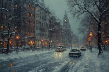 Fototapeta na wymiar painting of a cold winter city scene, street in grey color scheme, warm lighting