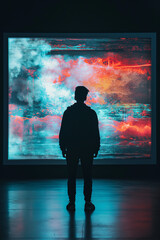 a cinematic shot of a man standing in a very dark room facing a big screen that's scrambled and can't be viewed.