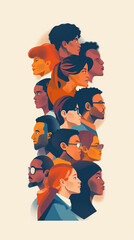 inclusive clip art illustration showing a group of diverse people or employees, of various ethnic, race background.