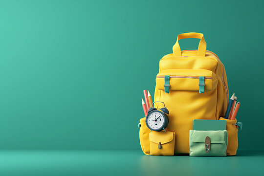 Image of bags filled with supplies and books, alongside toys and miniature vehicles, on a green background, back to school concept. generative ai illustration