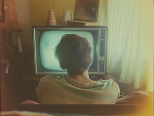 1990s disposable camera image of teenage boy sitting in front of a static tv, retro, film photography, film grain image.