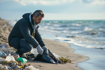 environmentalist man collects garbage on the beach 