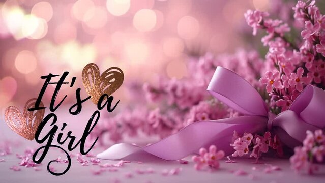 Purple ribbon with pretty flowers on a valentine's day concept bokeh background. Women's day. Seamless looping 4k time-lapse virtual video animation background  Generated with Al
