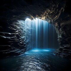 A cascading waterfall in a bioluminescent cave, creating a surreal and enchanting play of light and water