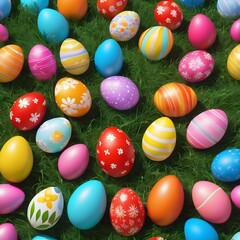 Naklejka premium colorful Easter eggs in the meadow, background