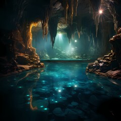 A cascading waterfall in a bioluminescent cave, creating a surreal and enchanting play of light and water