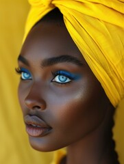 Beautiful african woman with bright blue eyes and yellow turban. Generative AI.