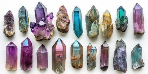 Amethyst, quartz, and other crystals are arranged in a row. Generative AI.