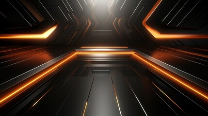 Futuristic Sci-Fi Spaceship Interior Background with Glowing Orange Lights. - obrazy, fototapety, plakaty