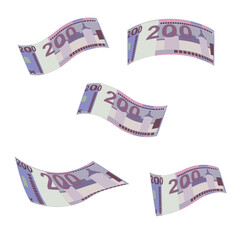Belarusian ruble Vector Illustration. Belarus money set bundle banknotes. Falling, flying money 200 BYN. Flat style. Isolated on white background. Simple minimal design.