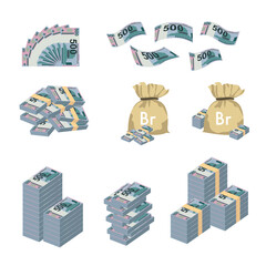 Belarusian ruble Vector Illustration. Huge packs of Belarus money set bundle banknotes. Bundle with cash bills. Deposit, wealth, accumulation and inheritance. Falling money 500 BYN