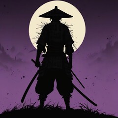 A samurai in the forest with a full moon in the night.