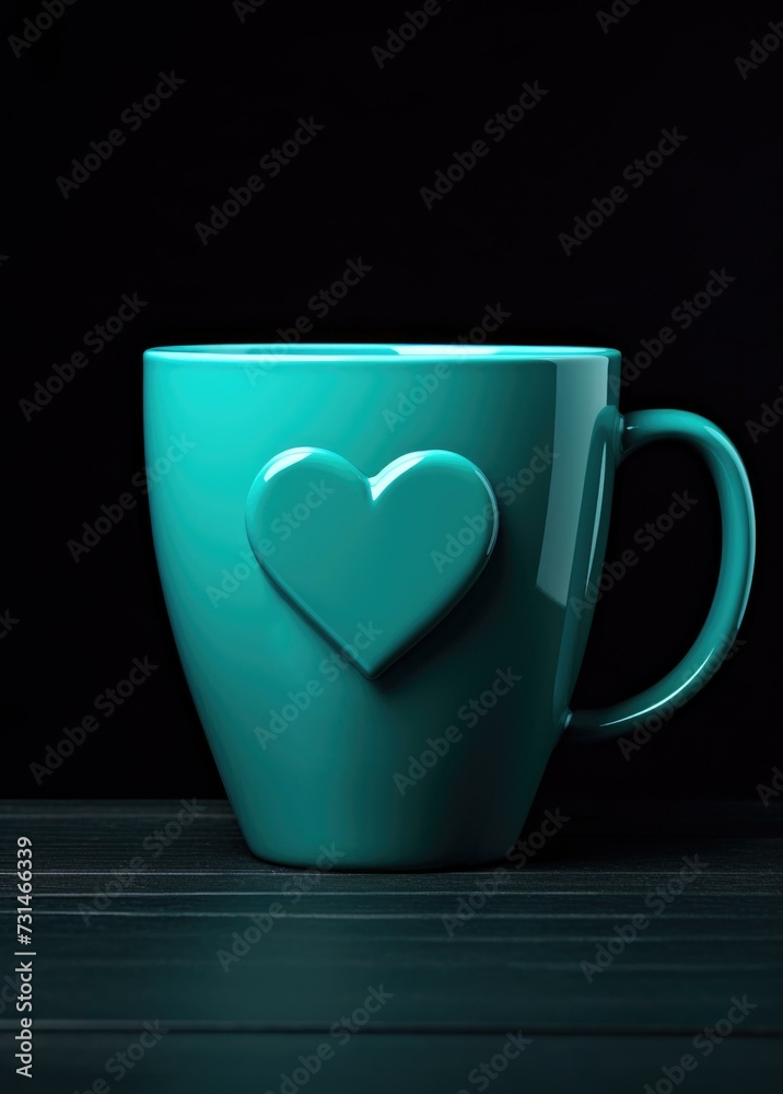 Canvas Prints Teal cup with heart shape on black background. Generative AI.