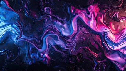 Black background with blurred neon colors. Abstract shiny backdrop of waves of mixed colors of purple-pink-blue colors