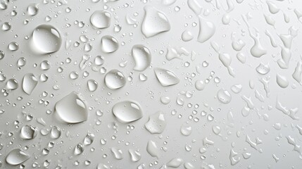 Fototapeta na wymiar Transparent drops on a white smooth surface. Selective focusing. Spot.