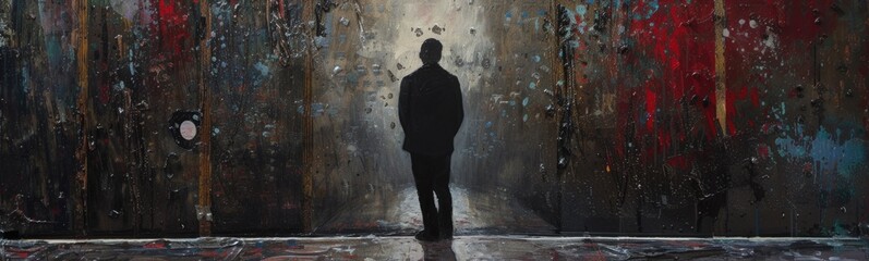 Obraz premium Painting of a man standing in front of a painting of a city. Banner