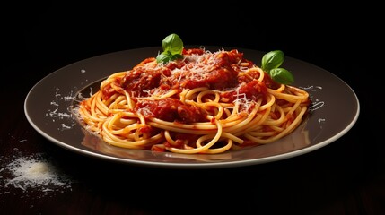 delicious appetizing classic spaghetti pasta with tomato sauce, parmesan. Image of food. copy space for text.