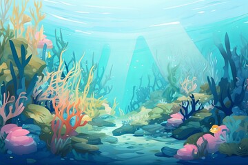 Fototapeta na wymiar Sea underwater background. Ocean bottom with seaweeds.