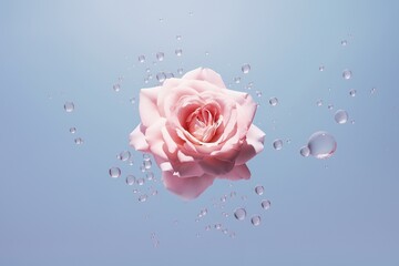 A pink rose against a serene blue background, surrounded by glistening droplets in a dreamy, graceful display of elegance and purity. Suitable for illustrating and promoting beauty themes. - 731466721