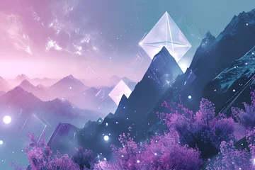 Foto op Canvas Blend a tranquil mountain landscape with floating geometric shapes and bioluminescent plants, creating a surreal and mesmerizing scene. © Uliana