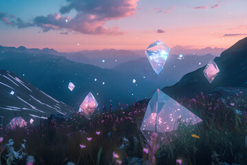 Blend a tranquil mountain landscape with floating geometric shapes and bioluminescent plants, creating a surreal and mesmerizing scene. - obrazy, fototapety, plakaty