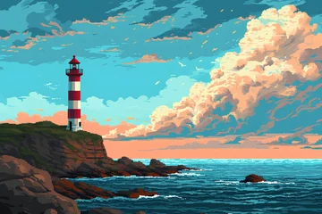 Fototapeten A pixel art landscape featuring a lighthouse, with the sea and sky in the background, capturing the nostalgic charm of classic video game graphics. © Uliana