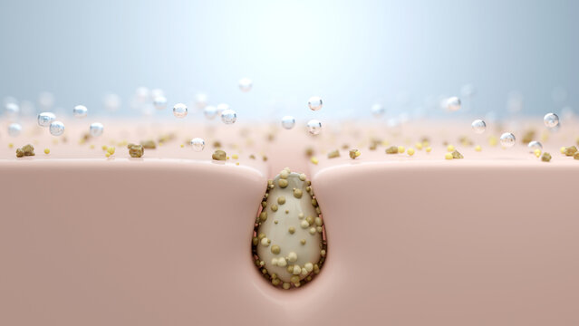 water drop symbolizes cleansing essence, cleaning face skin to remove and prevent oily and blackhead. 3D rendering.