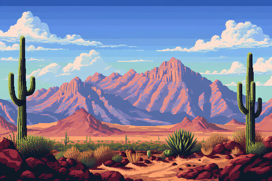 Naklejki A desert landscape featuring cacti and mountains in the background, rendered in a 16-bit pixel art style reminiscent of classic video games.