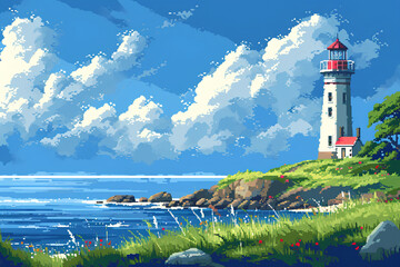 Fototapeta na wymiar A pixel art landscape featuring a lighthouse, with the sea and sky in the background, capturing the nostalgic charm of classic video game graphics.