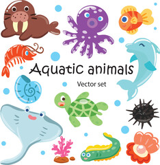 Aquatic animals sea animals  hand draw cute vector set